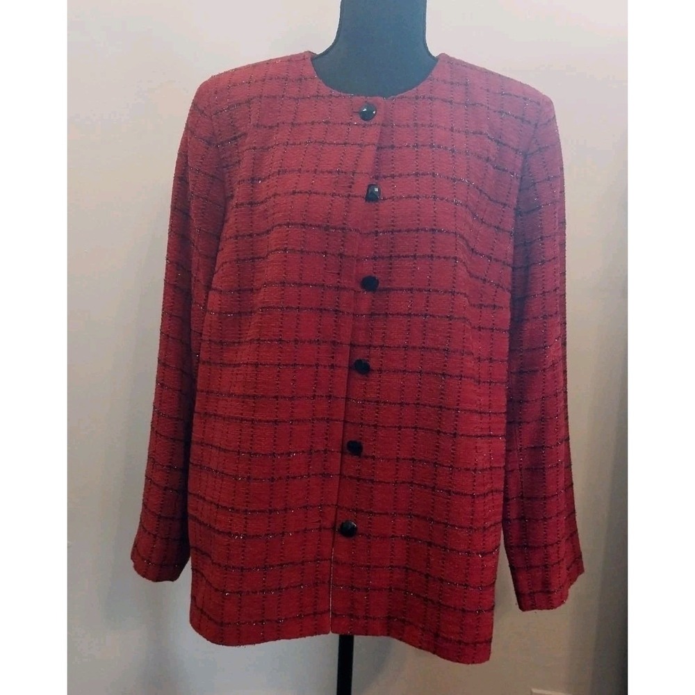 Alfred Dunner Button Front Blazer Suit Jacket Check Plaid Shimmer Red Black 12 - Picture 1 of 8